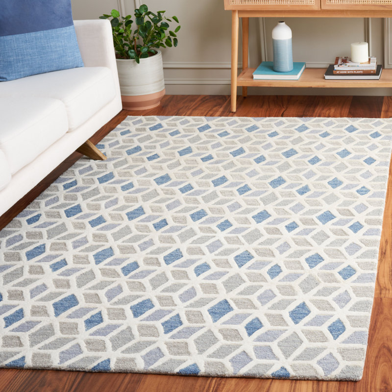 Tapis géométrique en laine / coton touffeté à la main ébène ivoire / bleu, Rectangle 5 pi x 8 pi