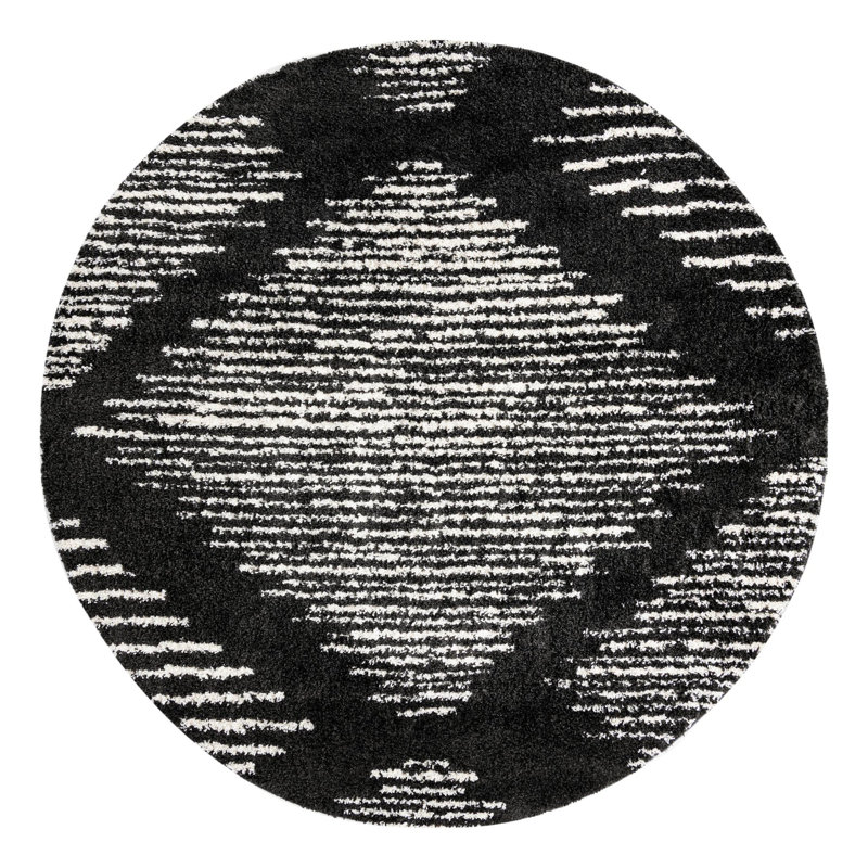 Tapis noir / blanc à motif abstrait Rodney, Rond 10 pi