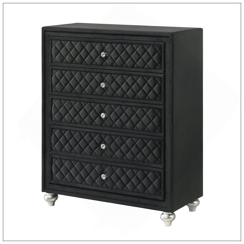 Commode à 5 tiroirs en velours capitonné 1 pièce Traditional Glam