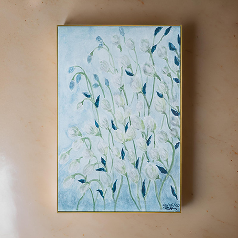 Large Blue and White Floral Canvas Painting with Brown Frame
