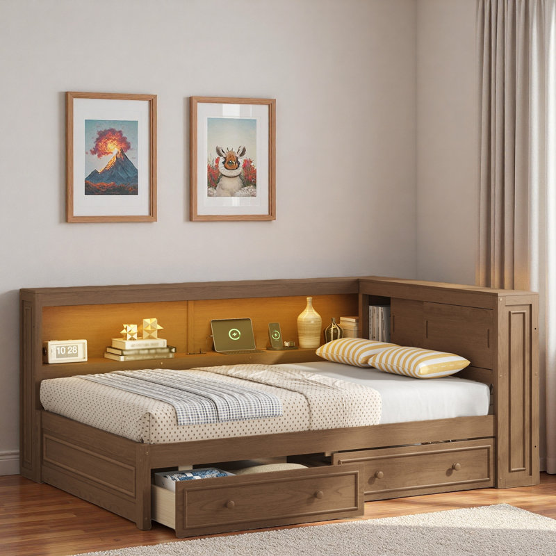 Lit de jour multiple avec tablettes de rangement, USB, DEL et 2 tiroirs, Bois antique