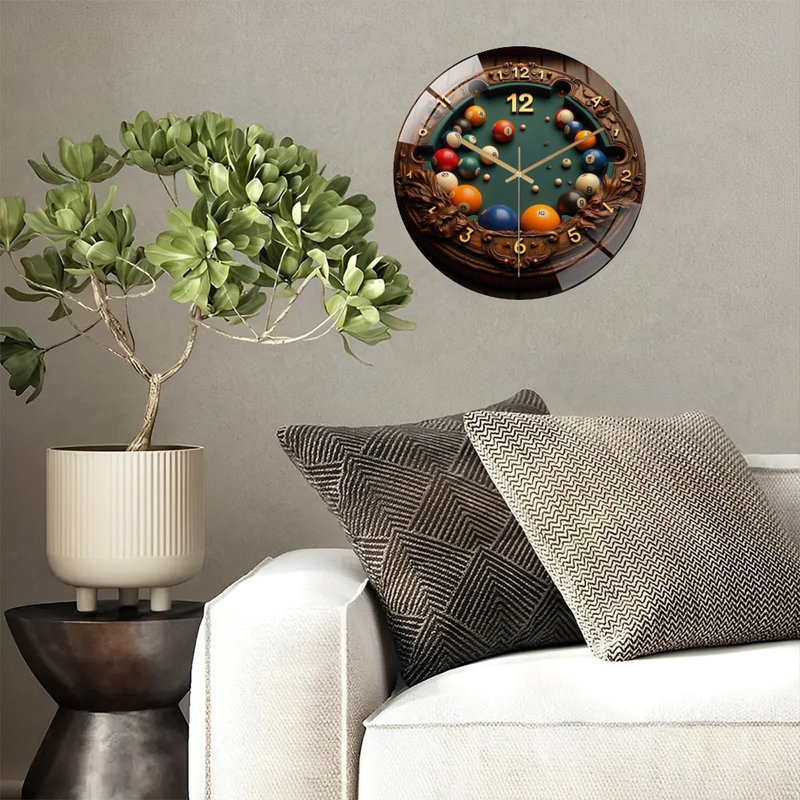 Table de billard en bois fabriquée à la main avec boules classiques - horloge murale moderne en verre 12 po