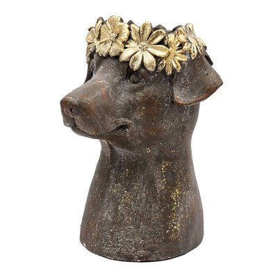 Figurine pour chien en magnésium brun texturé 9,3 x 9,3 x 13 pouces avec couronne de feuilles d'or pour présentation de verdure