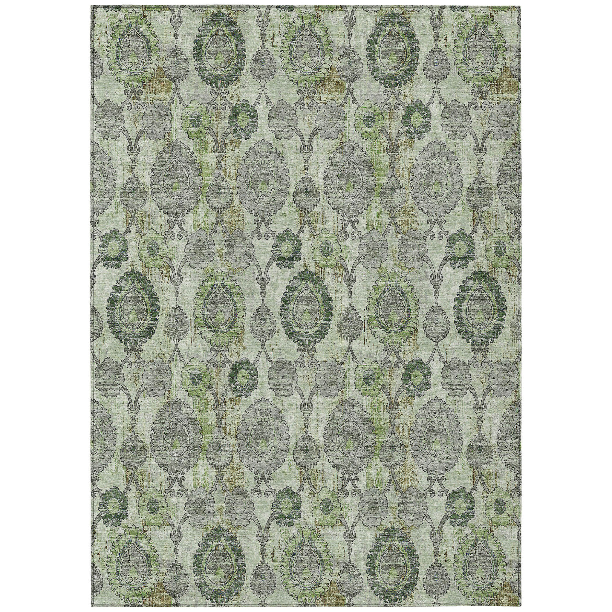 HomeRoots 3' X 5' Artichoke Green And Fern Green Damask Washable Indoor ...