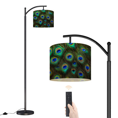 Arc Floor Lamp Peacock Feather Vibrant Green Blue Gold Details Floor Lamps with Remote LED Lights Adjustable Lamp Shades Tall Standing Lamps for Reading Office Living Room