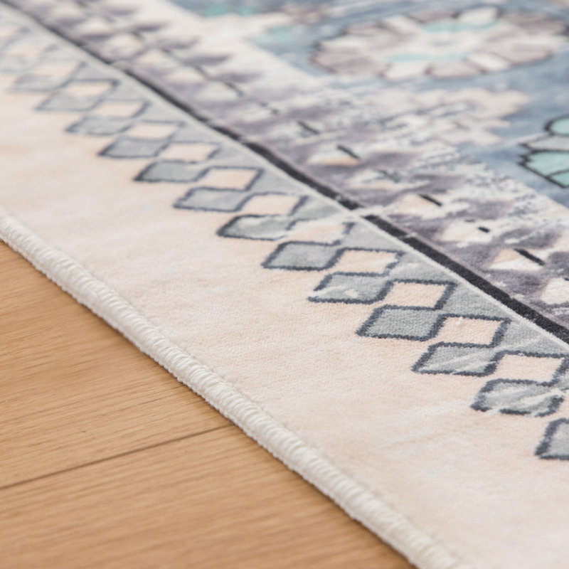 Tapis oriental lavable à la machine Kaysyn - bleu / ivoire, Tapis de couloir 2 pi 6 po x 8 pi