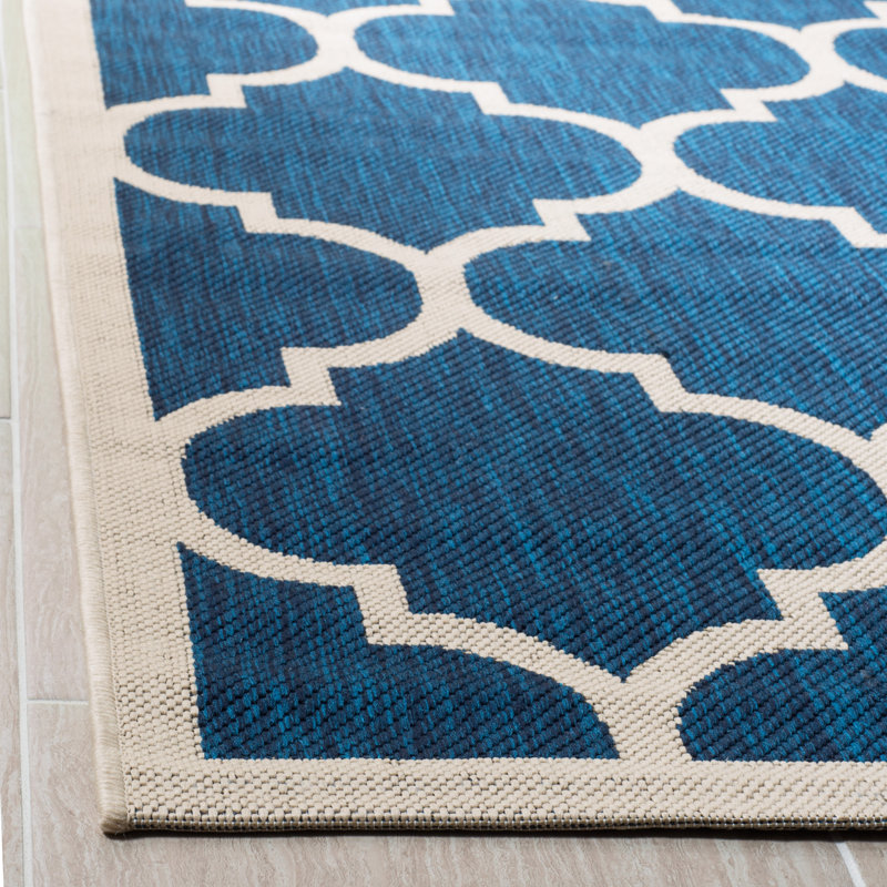 Tapis d'intérieur / extérieur à motif géométrique Herefordshire Performance, Bleu / Beige, Carré 4 pi