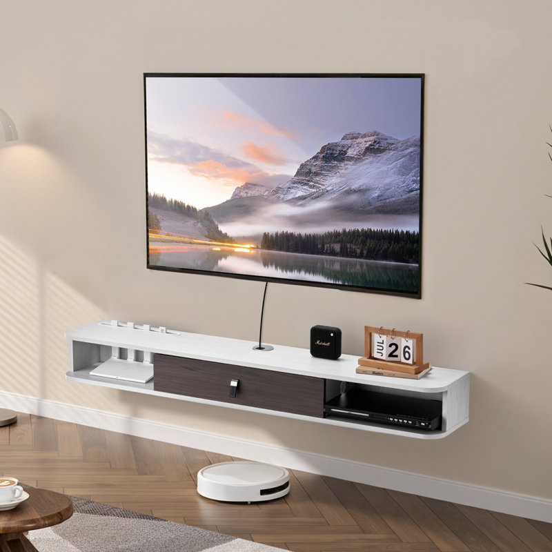 Floating TV Stand, Wall Mount Entertainment Center with Cable Hole, Modern Floating TV Shelf with Storage Cabinet, Particle Board Console for DVD Player, Cable Box, Game Console, White
