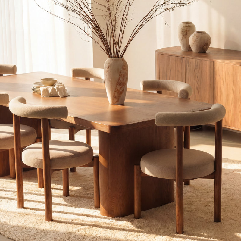 Table de salle à manger Ovelo 96 po en chêne avec double pied central, grande table de cuisine moderne en bois - Brun, Brun