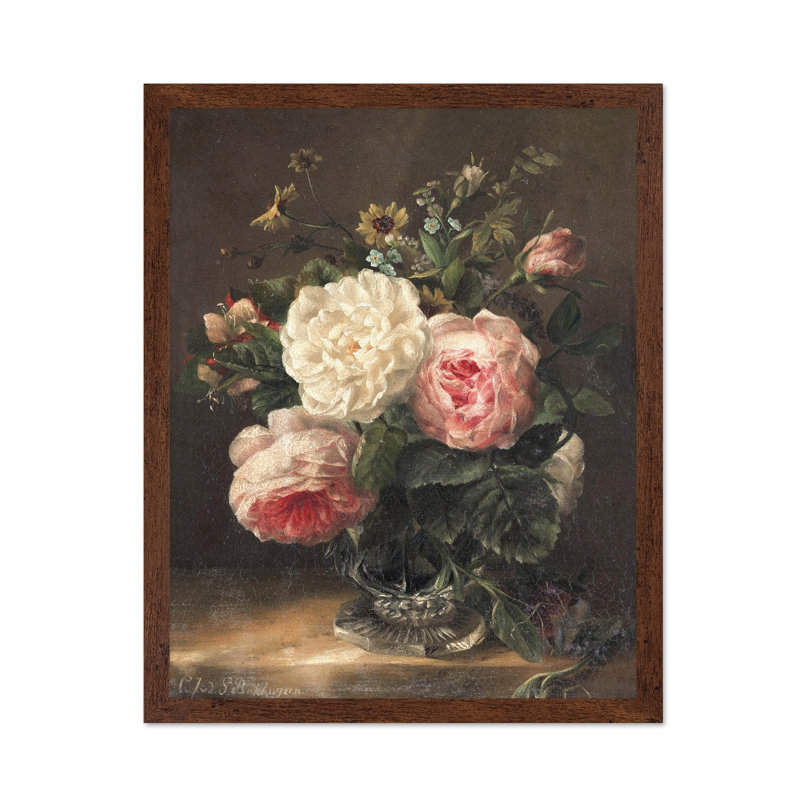 Nature morte avec des fleurs dans un vase en cristal, 08"H x 10"W, Poster, Brown Framed
