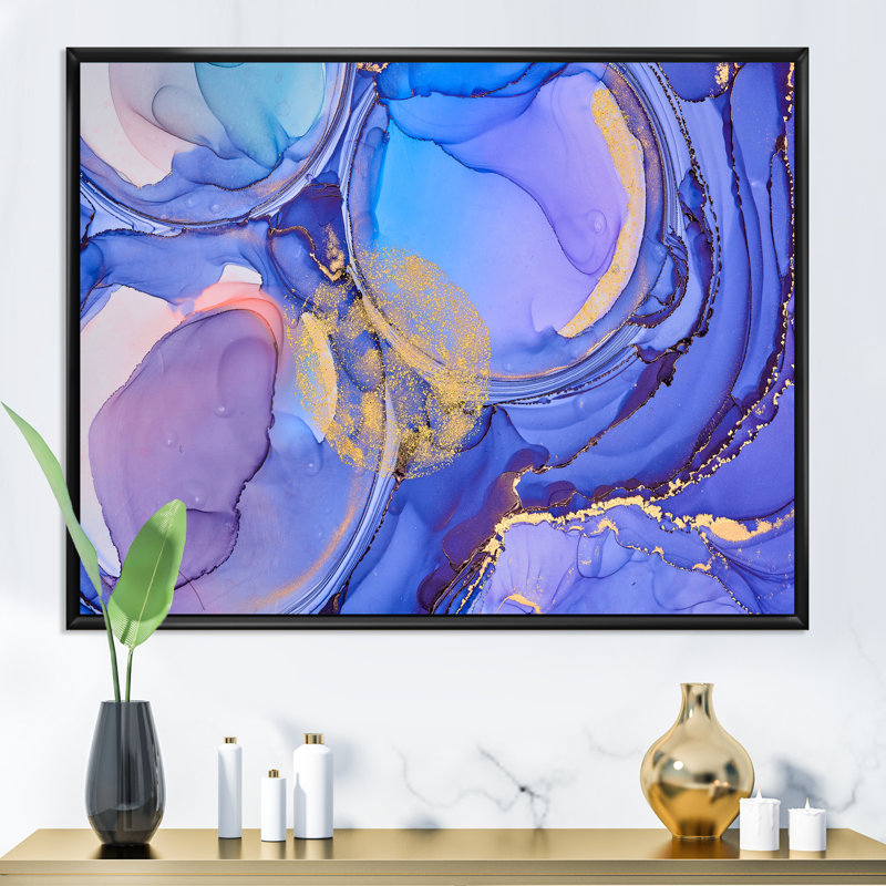 Bleu et mauve, luxe, abstrait, fluide X III - Peinture sur toile, H 12 po x l 20 po, Cadre flottant noir