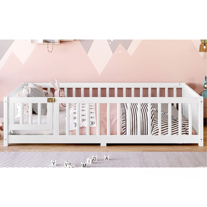 Lit au sol avec garde-corps et porte pour enfants, Lit double, Blanc