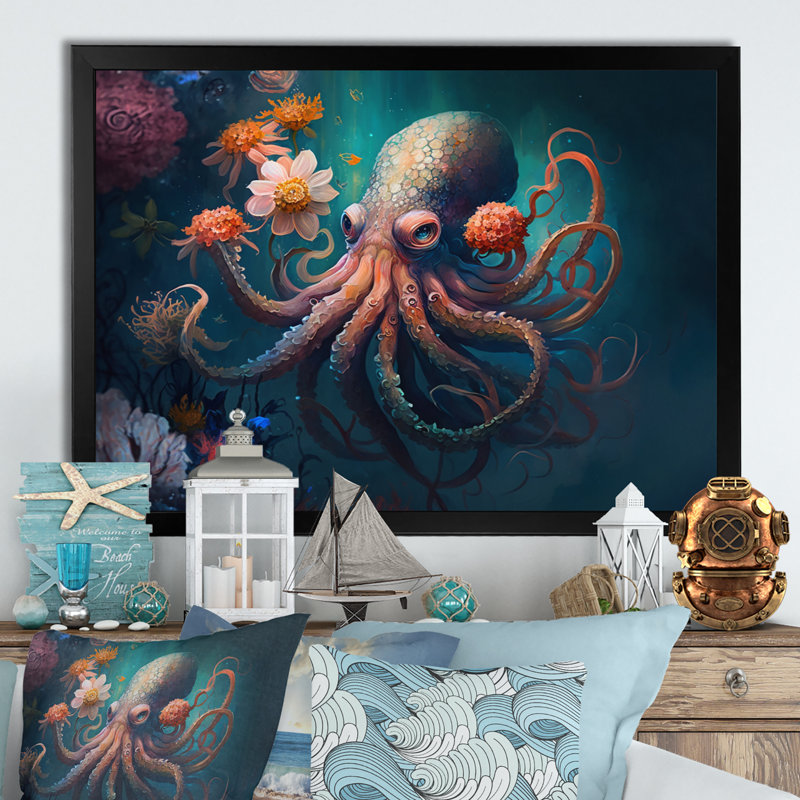 Octopus in the Ocean with Flowers III - Print on Canvas, Black Single Picture Framed, 12" H x 20" W x 1" D