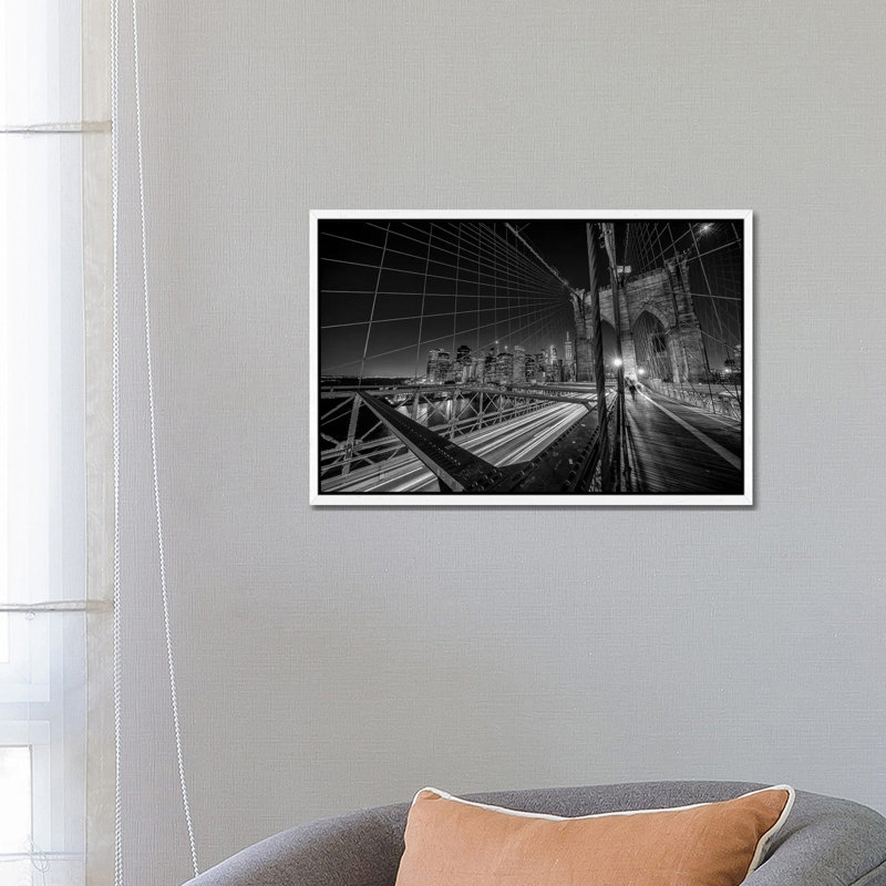 Brooklyn Bridge Lights by Stefan Schilbe - Print on Canvas, 45.72cm H x 66.04cm W x 3.81cm D, White Floater Framed
