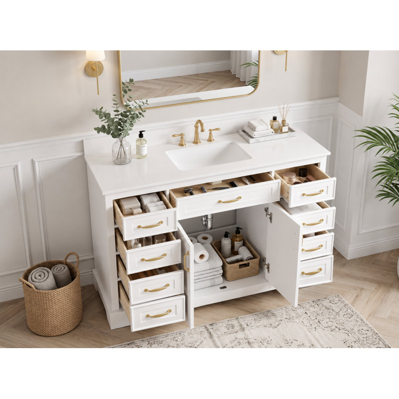 Meuble-lavabo simple autoportant 48 po avec lavabo intégré, 6 tiroirs et quincaillerie dorée, 48 po