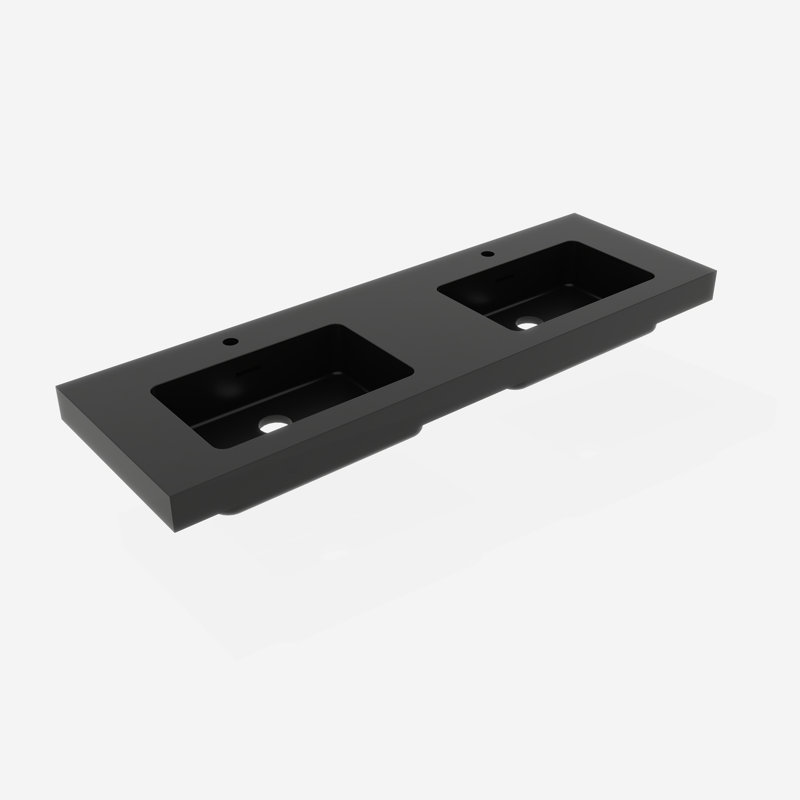 BB02-60-109, deux lavabos intégrés en quartz d'ingénierie SANS drain et robinet, couleur noir mat (n'inclut que le lavabo de salle de bain)