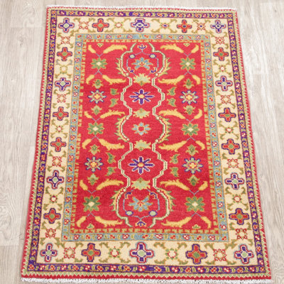 Tapis de zone en laine noué la kazak rouge 2 pi 10 po x 4 pi one-of-kind main