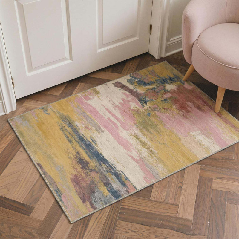 Tapis d'entrée 2 x 3 pi avec motif abstrait moderne lavable à la machine et antidérapant à poils courts pour porte d'entrée, entrée, décor de ferme, jaune rose