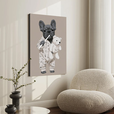 Bouledogue français en pyjama tenant une brosse à dents et un ours en peluche, grande toile tendue sur châssis pour salon ou chambre
