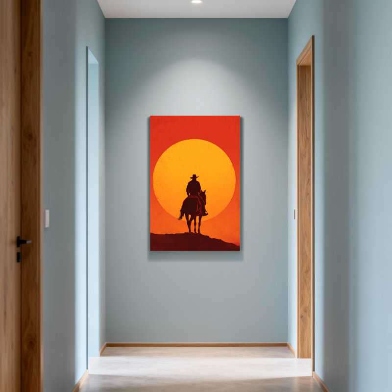 «Landscape & Nature Silhouette Cowboy Horse Sunset», reproduction d'art sur fond orange, H 40 po x l 28 po