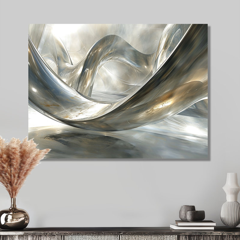Diamond Silver Streams - Abstract Modern Waves, impressions encadrées, Métal métal, H 16 po x l 32 po x P 1 po