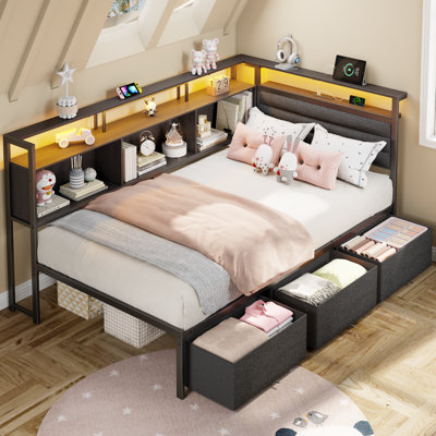 Corner Daybed Frame with Storage Bookcase & 3 Drawers, LED Lights and Built-in Charging Station