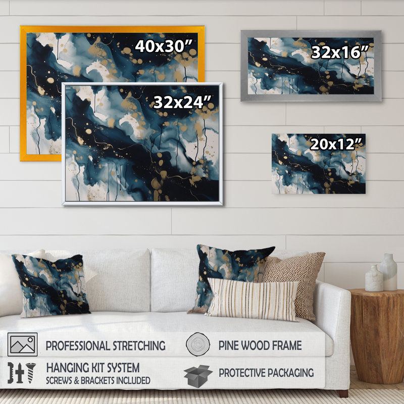 «Blue and White Abstracted Art liquide I», reproduction sur toile, H 12 po x l 20 po x P 1 po, Encadrement doré