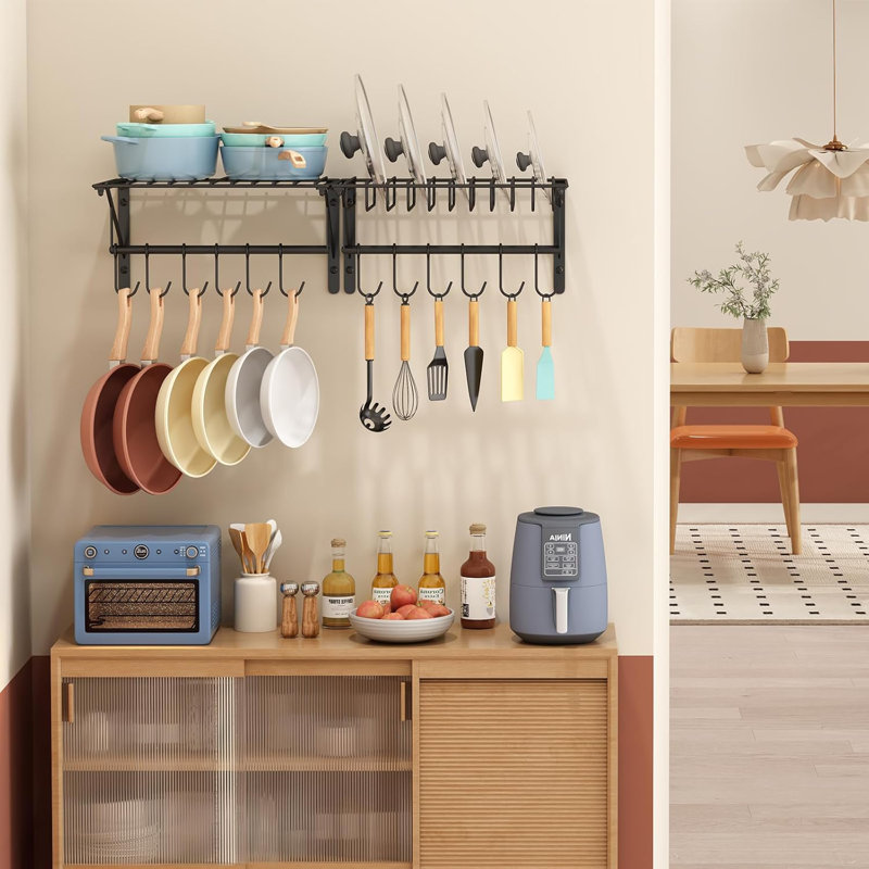 Ensemble de 2 supports muraux pour couvercles de casseroles, pots suspendus et couvercles de casseroles pour la cuisine avec 10 crochets de mise à niveau, support de couvercle pour casseroles, casseroles, organisation d'ustensiles, noir