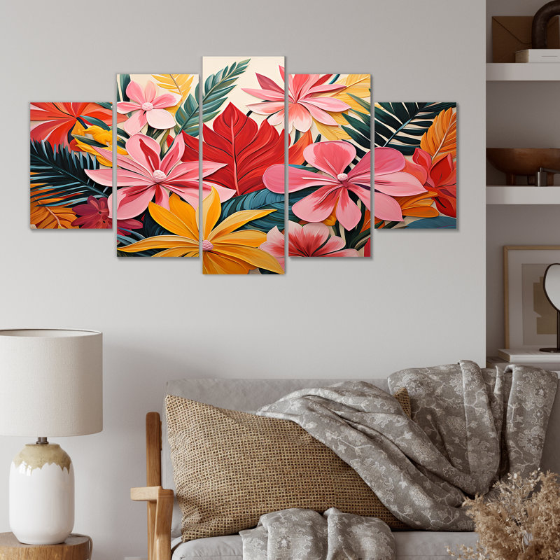  «Pink Floral Tropical Jungle Pattern II - Flowers Multipanel Wall Art Canvas