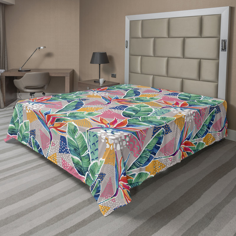 Ambesonne Flat Sheet Floral Grunge Art, Green Pink Floral, King Flat Sheet