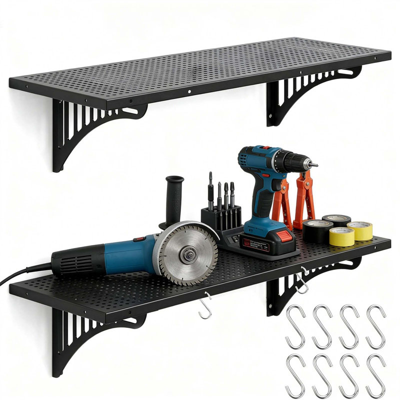 Heavy Duty Garage Wall Shelving 4 Pack, 530+ Lbs Load Capacity, Metal Storage Racks With Hooks For Organized Workspaces