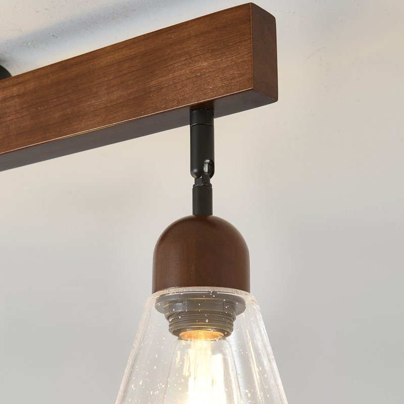 Lustre de salle à manger de ferme 3 lumières, îlot de cuisine en bois rustique avec abat-jour en verre bullé