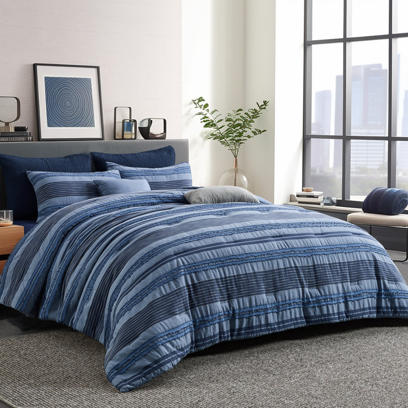 Merveilleux ensemble d'édredon léger pour toutes les saisons, Édredon pour grand lit + 2 taies décoratives, Bleu denim