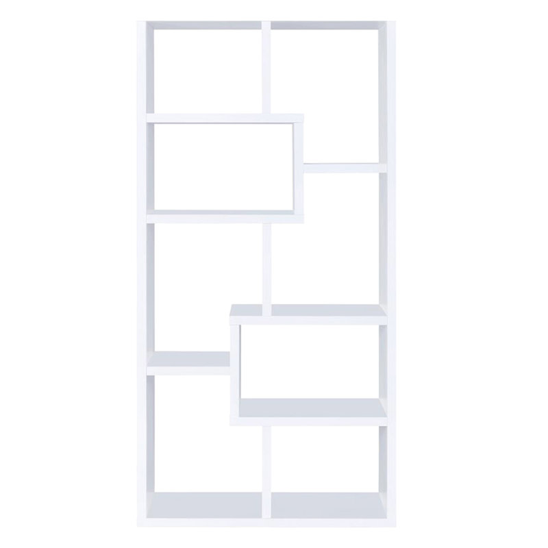 Bibliothèque géométrique blanche à plusieurs tablettes, compartiments ouverts décalés pour la présentation aérée de plantes en pot, rangement vertical moderne dans les bureaux, taille compacte, comprend