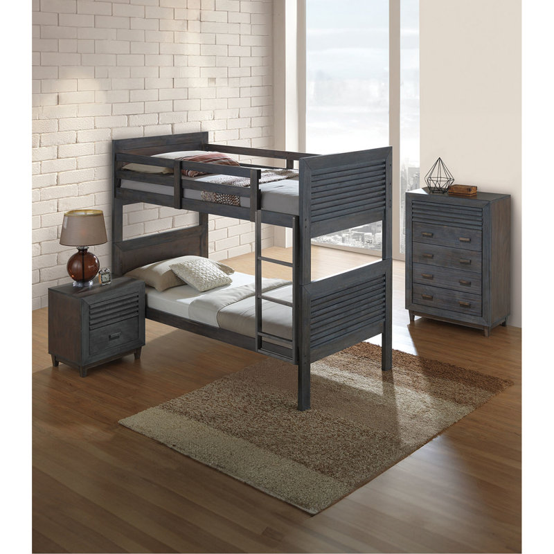 Lit superposé simple au-dessus d'un lit superposé en bois massif brun anthracite avec conception réversible à lattes, tête de lit à panneaux et joint de serrure, ajout de chambre à coucher, bois franc transitionnel et finition