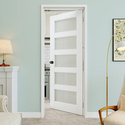 30" x 80" 5-Lite Frosted Glass Interior Prehung Door with Round Knob and Silver Hinges, Privacy Glass Door Slab, Paintable & Waterproof, Suit for Laundry, Closet Doors, Room Doors, Right Hand