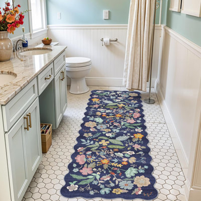 Tapis de couloir lavable: tapis festonné floral résistant aux taches pour la cuisine, tapis de ferme pour la salle de bain, tapis de salle de bain mince avec envers antidérapant