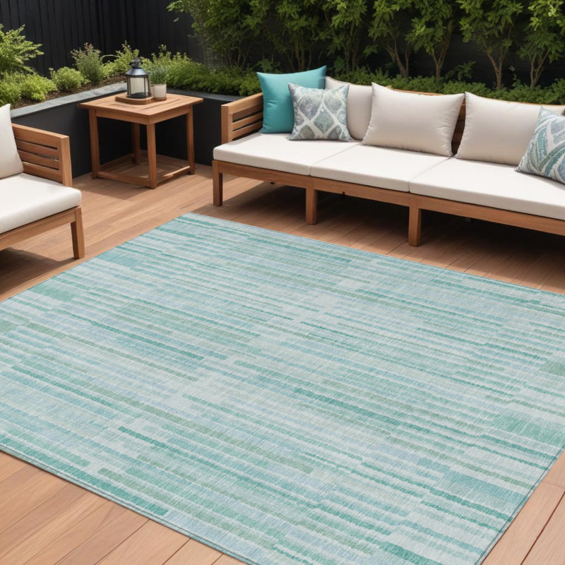 Tapis extérieur lavable rayé turquoise et turquoise 9 pi x 12 pi
