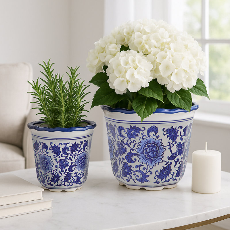 Bethony Ceramic Chinoiserie Pot Planters Set of 2, Blue and White, Elegant Home Décor, 8" H x 8" W x 8" D 