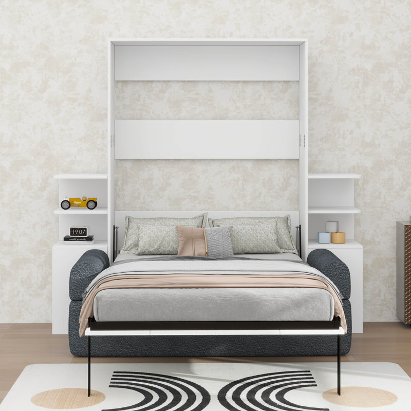 Lit escamotable complet avec canapé, cadre de lit mural peu encombrant avec armoires de rangement, Blanc / Gris