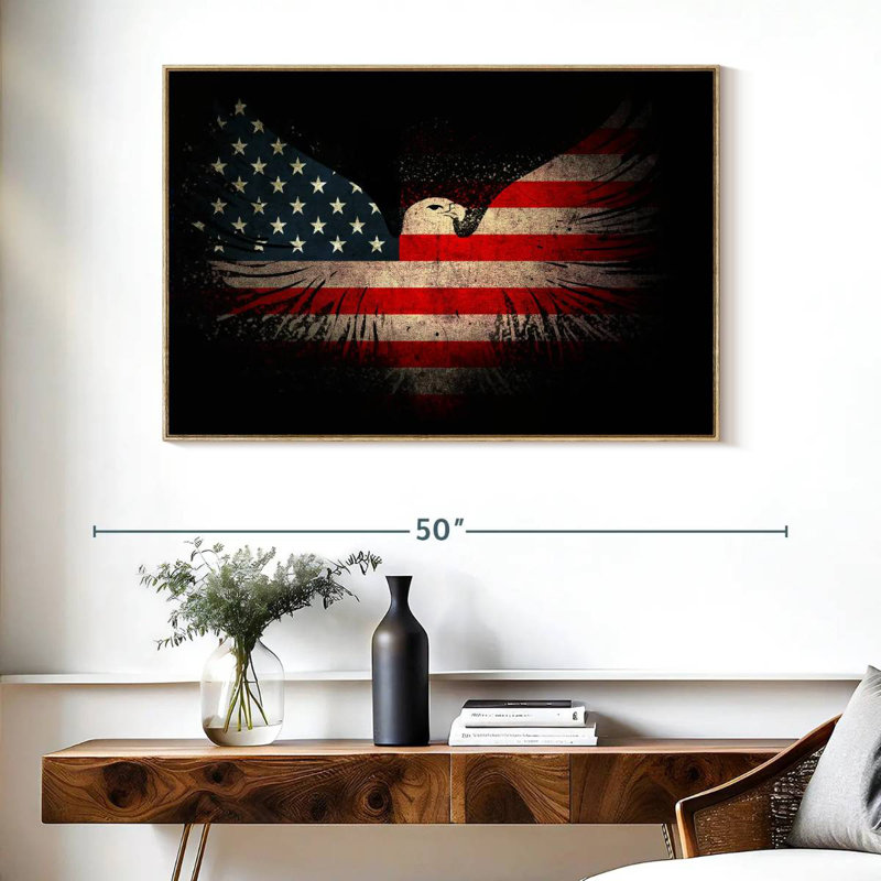 Aigle américain et drapeau, Cadre flottant en bois naturel, 40 po x 27 po