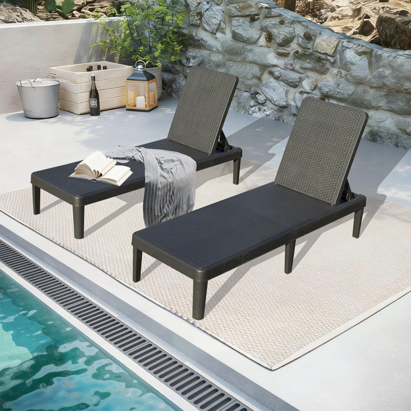 Set Of 2 Pool Lounge Chairs, 6-Position Adjustable Backrest, Resin Waterproof Chaise For Patio, Garden, And Deck, Gray