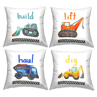Educational Mixed Construction Vehicles Kids Learning Trucks Printed Throw Pillow Design By Elizabeth Medley (Set Of 4)