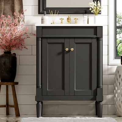 Meuble-lavabo 24 po avec lavabo supérieur, meuble de rangement moderne à 2 niveaux, meuble-lavabo simple, grandes tablettes de rangement