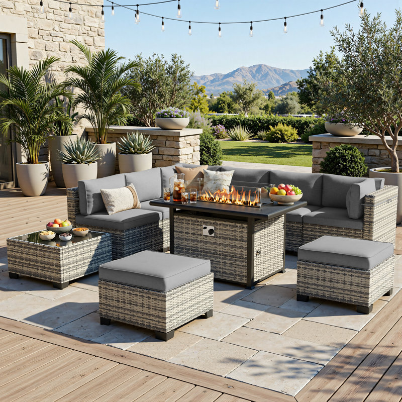 10-Piece Outdoor Patio Conversation Set With 55,000 BTU Propane Fire Pit Table, Wicker Sectional Sofa, 2 Ottomans & Coffee Table