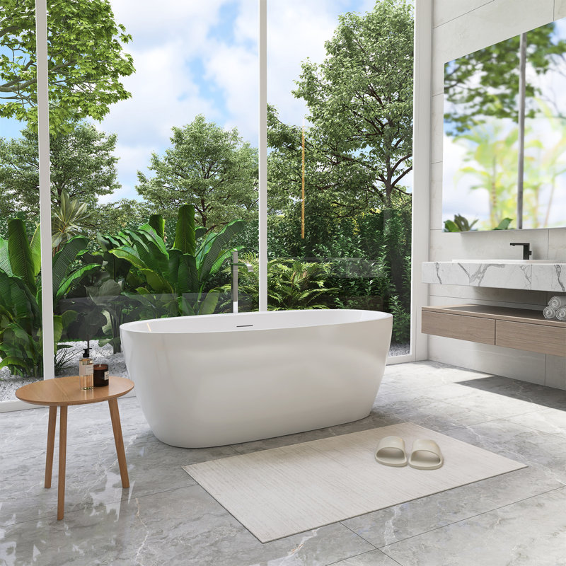 Beyaz 59" x 32" Freestanding Acrylic Soaking Bathtub in Glossy White with Drain and Overflow