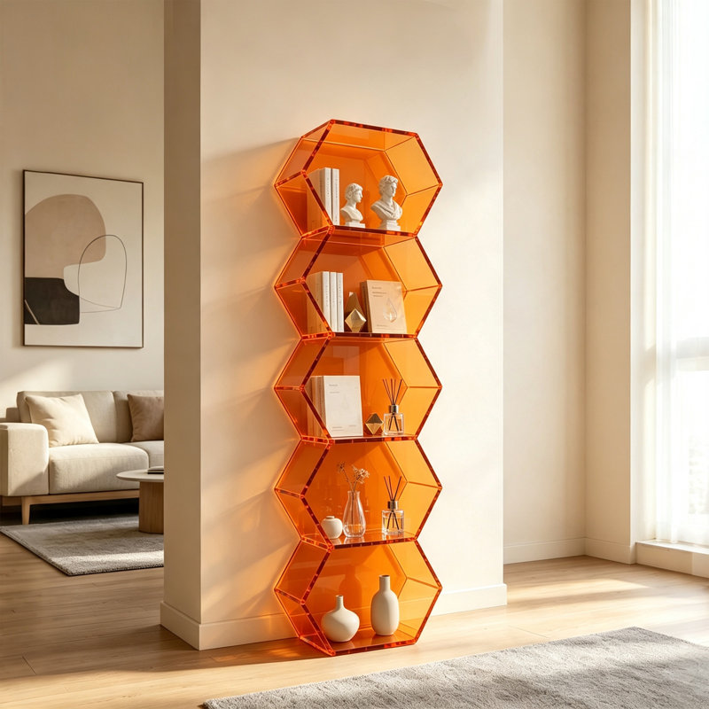 Bibliothèque orange hexagonale en acrylique, H 59,06 po x l 23,62 po x P 9,84 po