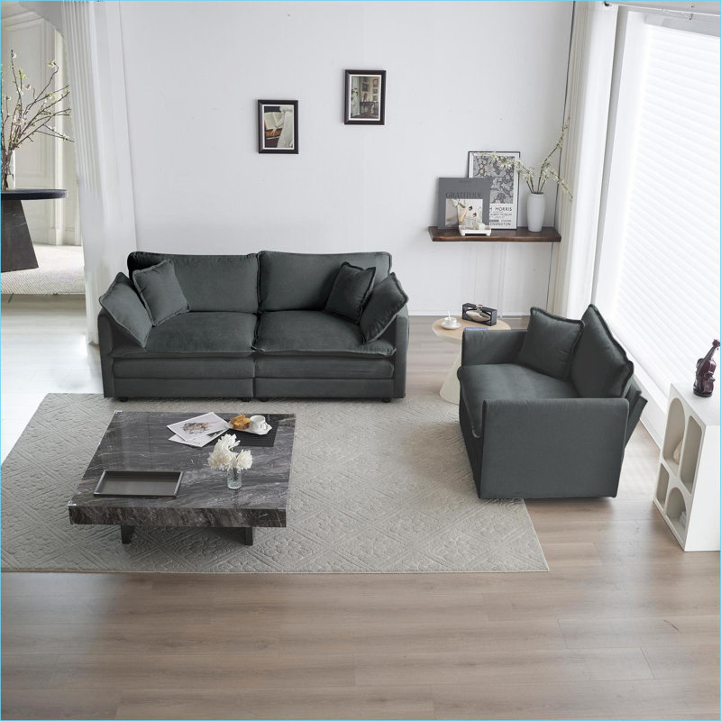 Canapés-lits | Ensemble 2 pièces 1 + 2 sièges moderne, structure en bois massif, pour le bureau de la chambre à coucher du salon | Gris | Chenille