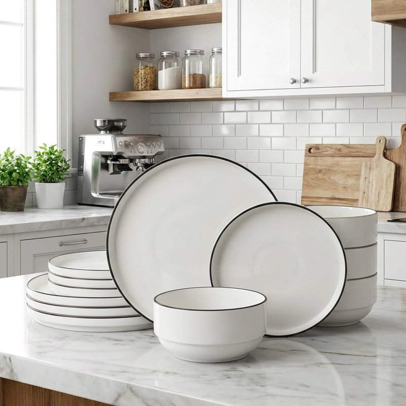Waterside 12pc Stackable Black Rim Porcelain Dinner Set