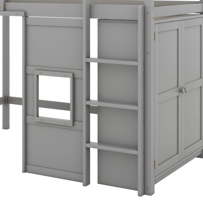 Solid Wood Twin Size Loft Bed With Built-In Storage Wardrobe And 2 Windows, Grey